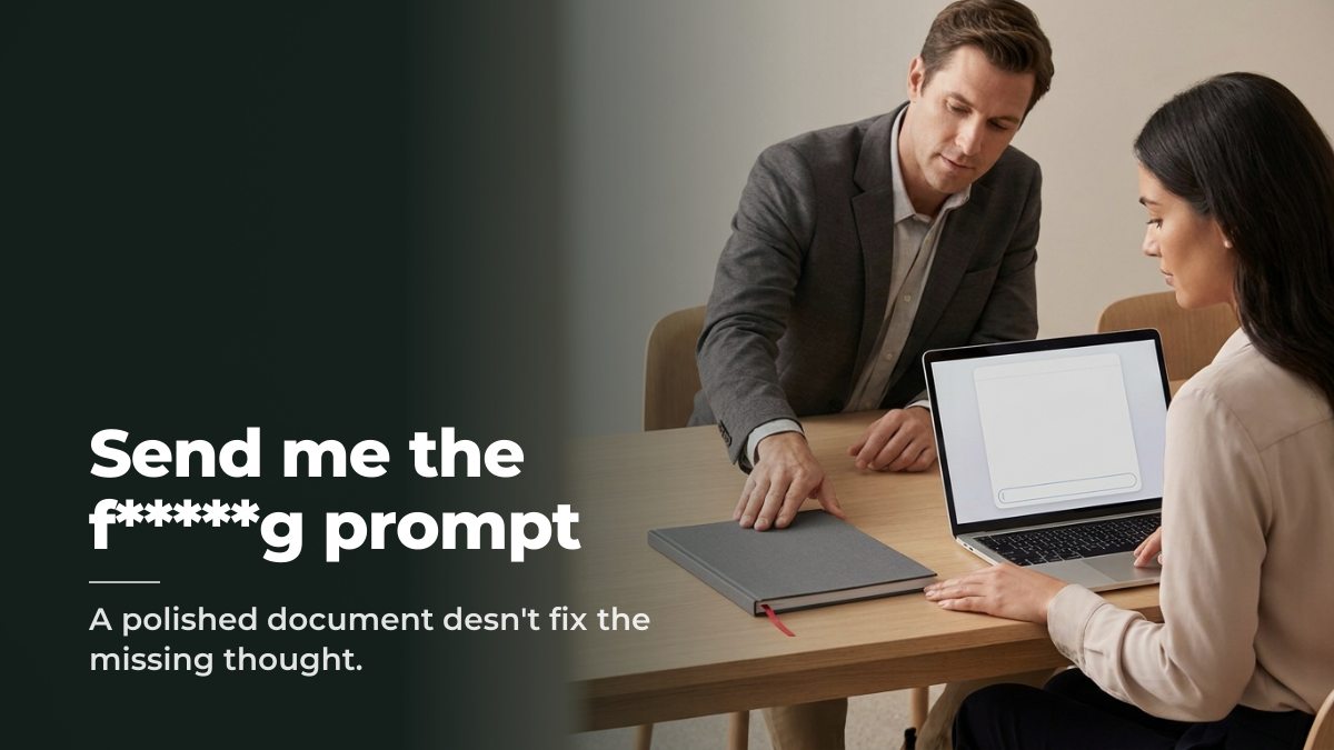 Send me the f*****g prompt. A polished document desn't fix the missing thought. A consultant slides a bound document across a meeting table while a colleague looks toward an open laptop beside it.